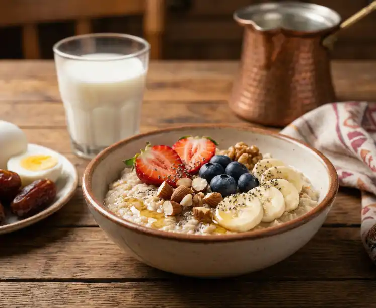 "Ramazanda kilo kontrolü için sahurda tok tutan yulaflı, meyveli ve kuruyemişli sağlıklı kahvaltı kasesi, süt ve hurma."