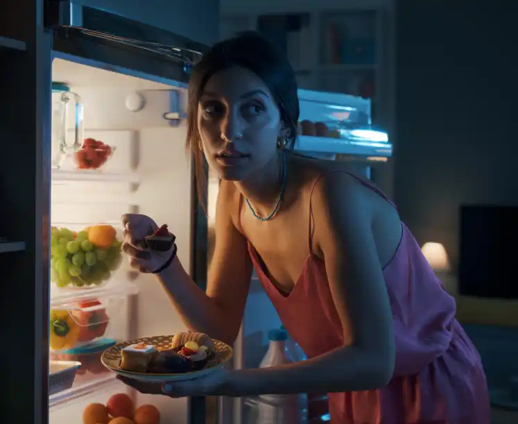 "Gece yemek yemek kilo aldırır mı sorusunu temsil eden gece atıştıran kadın."