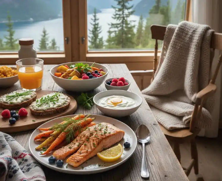 "Nordic diyeti içeriği: Somon balığı, orman meyveleri ve sağlıklı süt ürünleri."