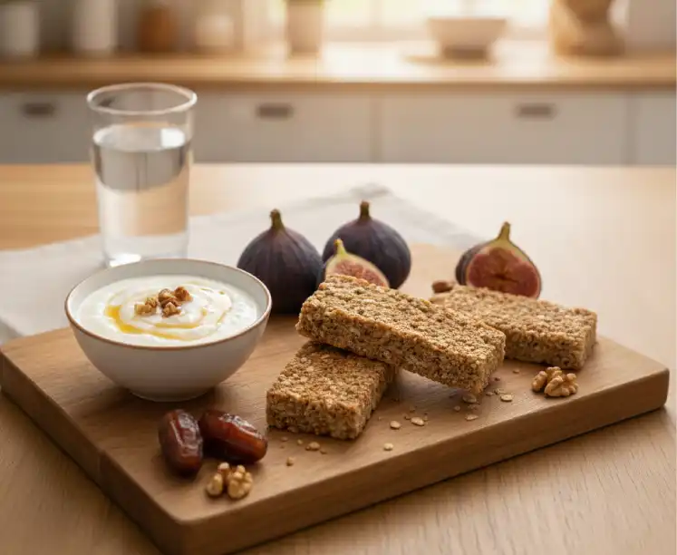 "Sahurda tok tutan besinler; yulaf bar, yoğurt, hurma, incir ve su içeren sağlıklı sahur tabağı."